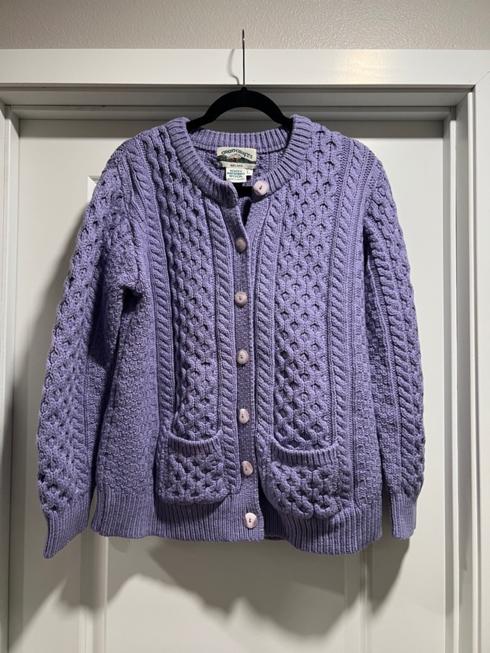 Aran Crafts Women’s Lavender Cable Knit Button Merino Wool Cardigan Size L